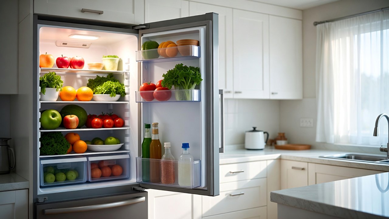 Frigorífico abierto y cocina limpia sin malos olores