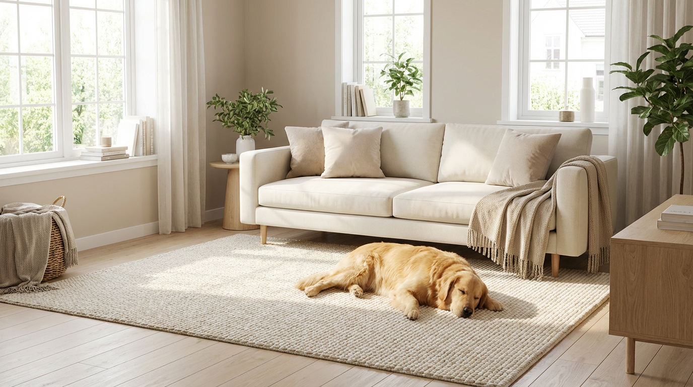 Salón limpio con perro tumbado en una alfombra sin pelos ni manchas