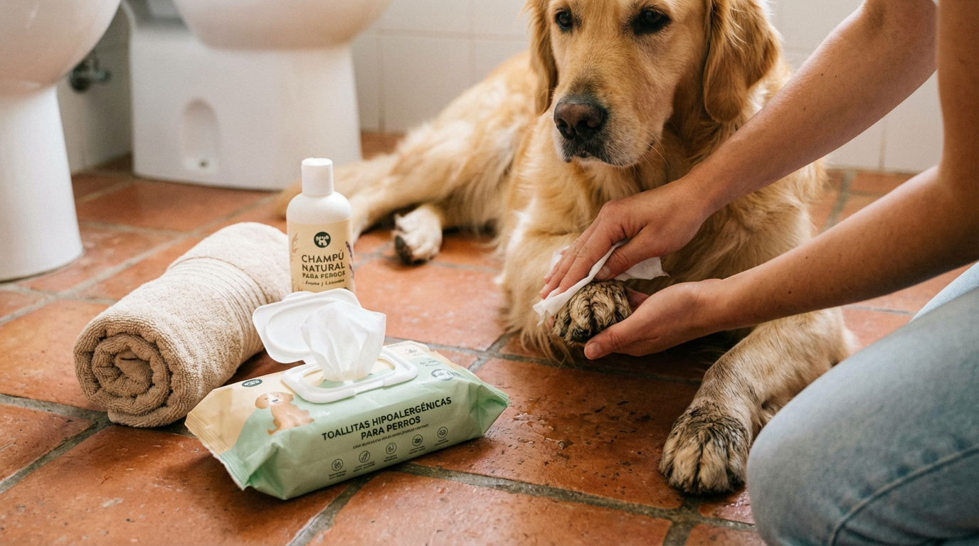 Persona limpiando las patas de un perro con toallitas especiales para mascotas