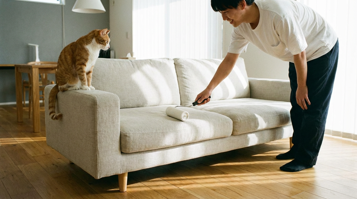 Persona pasando aspirador en suelo y limpiando pelos de mascota del sofá