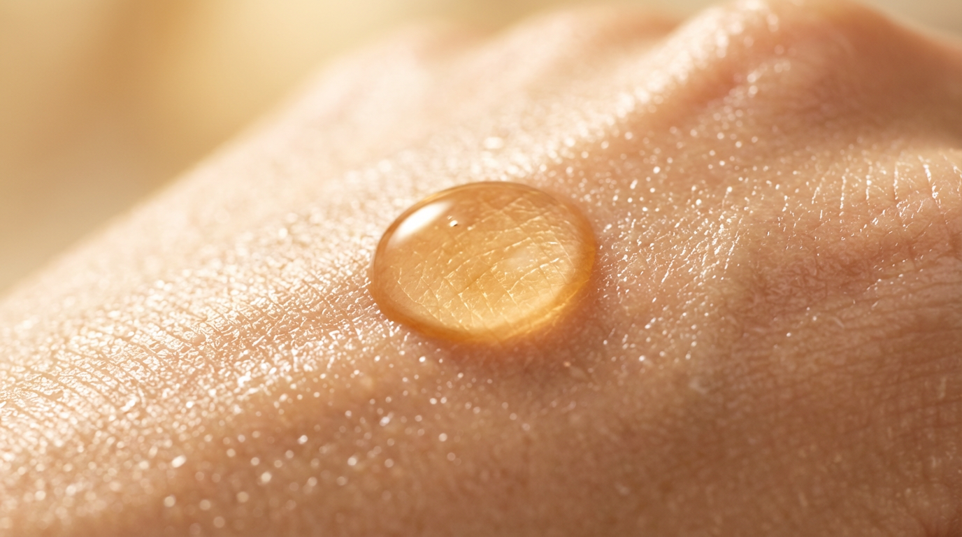 Gota de sérum vitamina C sobre piel luminosa textura antioxidante