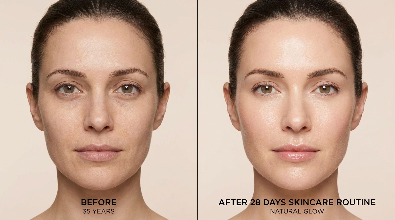 Antes y después de rutina facial con vitamina C y contorno de ojos tras 28 días