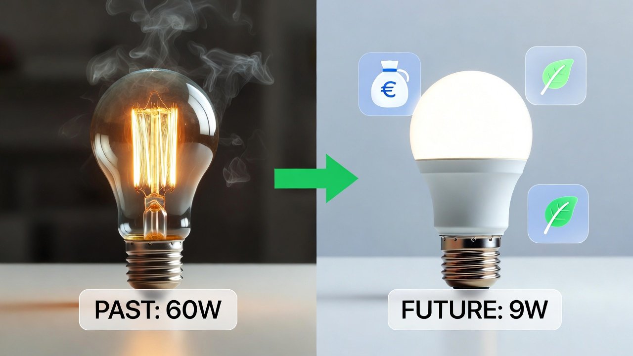 Comparativa de consumo energético entre bombilla incandescente de 60W y bombilla LED de 9W de MarkMarket.